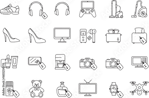 Shopping and product icon set, online sale symbols, electronics and fashion items, gadgets, accessories, home goods, footwear, camera, perfume, toy, black and white vector