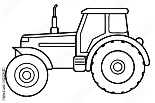 Outlined Tractor Vehicle with Large Tires and Cabin for Agricultural or Farming Coloring Book