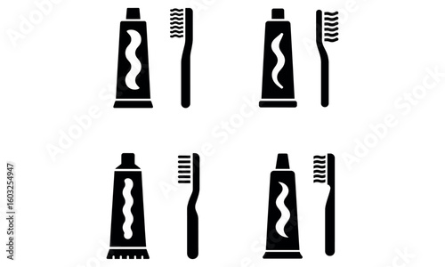 toothbrush and toothpaste icons dental hygiene care symbols in simple black silhouette
