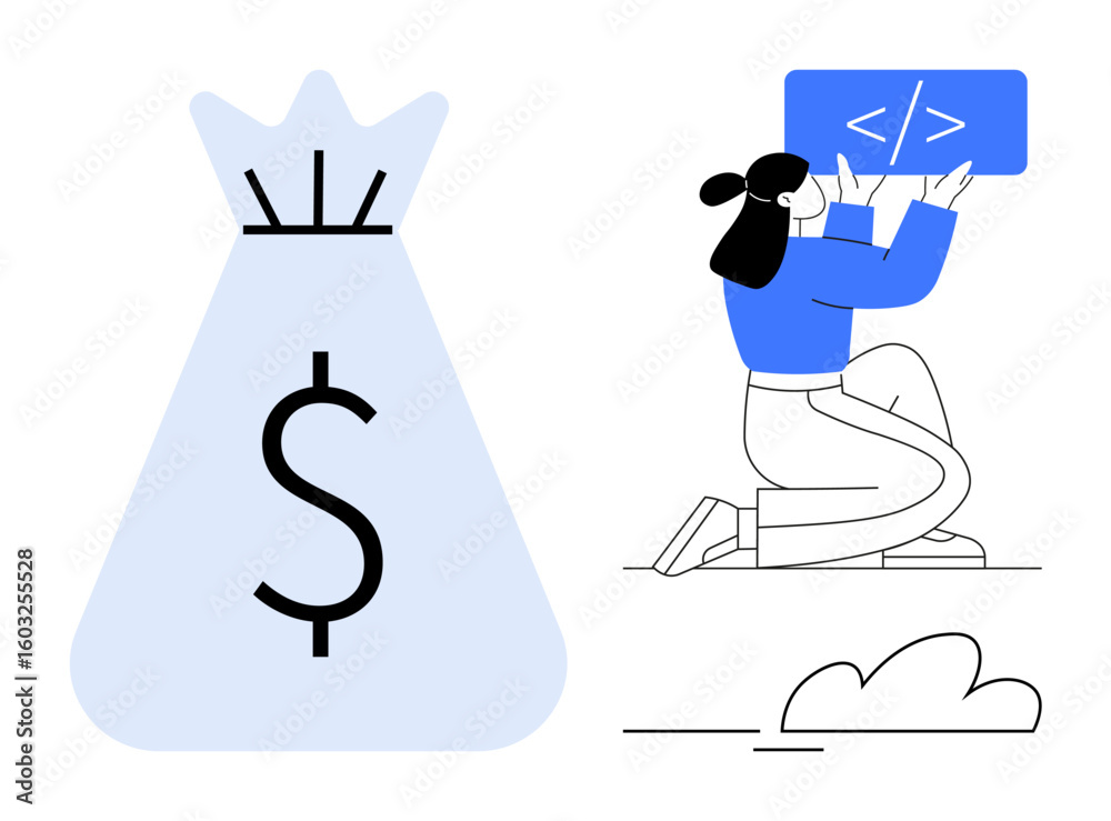 Woman kneeling, reviewing code on a board next to a money bag with dollar sign. Ideal for coding, programming, finance, investment, income generation, digital business, simple landing page Woman kneeling, reviewing code on a board next to a money bag with dollar sign. Ideal for coding, programming, finance, investment, income generation, digital business, simple landing page