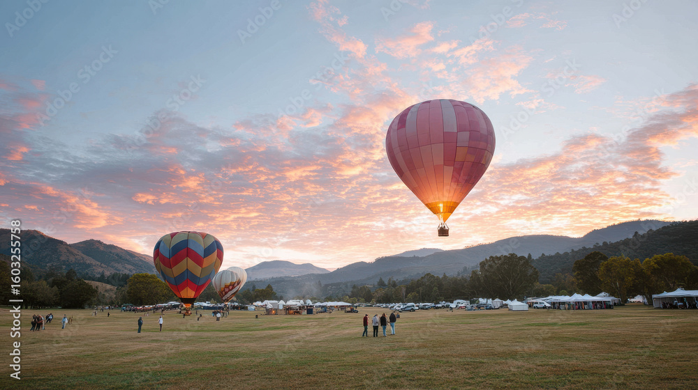 Obraz premium breathtaking hot air balloon festival at sunset with balloons soaring against colorful sky