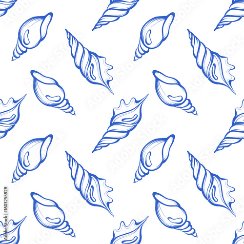Seashell seamless pattern, outline sea shells, sea digital paper 