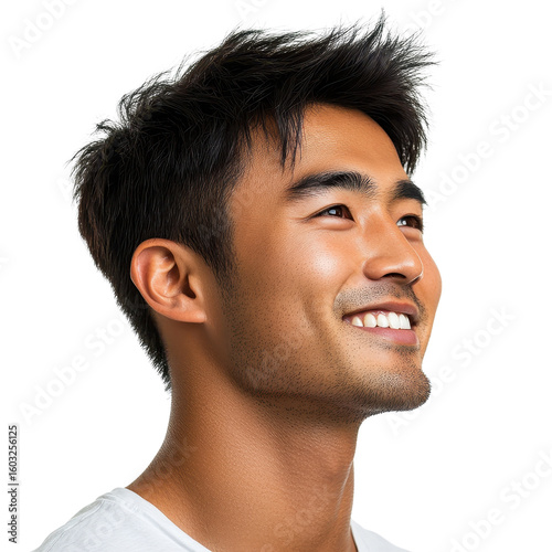 smiling Asian man profile portrait, side view, isolated on white transparent background