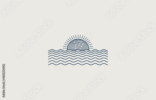 Sunset in wavy ocean, simple vector line art. Big sun, abstract waves, logo