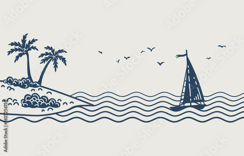 Vector seascape. Line art Tropical island with sailboat, two palm trees and seagulls in sky. Serene ocean view.