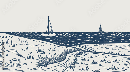 Coastal landscape with sailboats, sandy dunes, and calm sea. Vector line art. Seascape sketch
