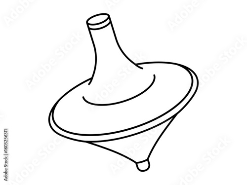 Hand drawn cute outline illustration of spinning top. Flat vector kids spin toy line art doodle. Rotate whirligig childhood peg-top. Leisure game icon or sticker. Stability and balance. Isolated.
