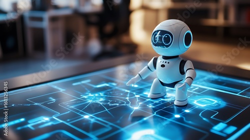 Robotic coworker mapping innovation paths on an AR table