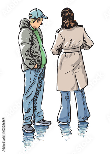 Couple of casual city dwellers standing on street, talking, quarreling, wet weather, realistic vector hand drawn illustration