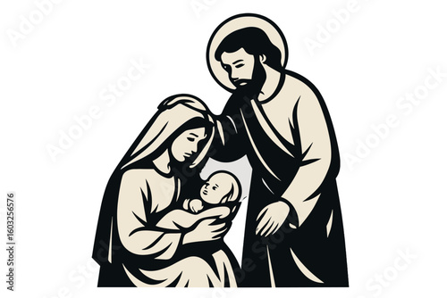 Holy Family vector illustration sketch doodle hand drawn with black lines isolated on white background depicting a nativity scene