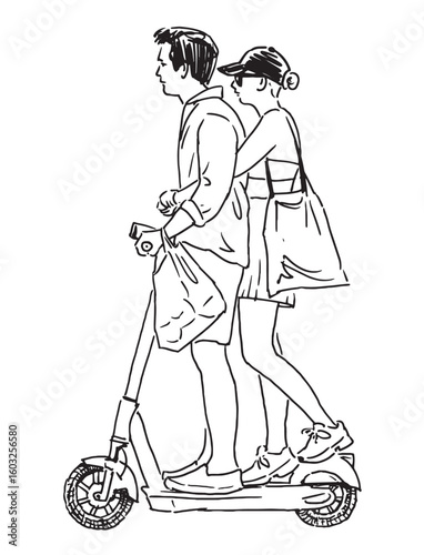 Couple young people riding on one scooter summer day, side view, realistic vector sketch on white background