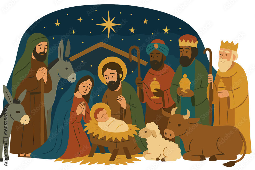 Naklejka premium Holy family, wise kings, ox, and donkey in a nativity manger scene at night