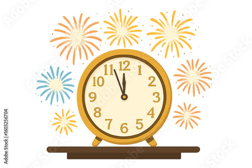 New Year 2016 background featuring a clock and fireworks in vector format