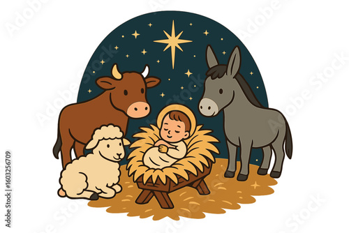 Christmas, the savior is born - The Nativity with Mary and Joseph in a manger with baby Jesus modern style vector design