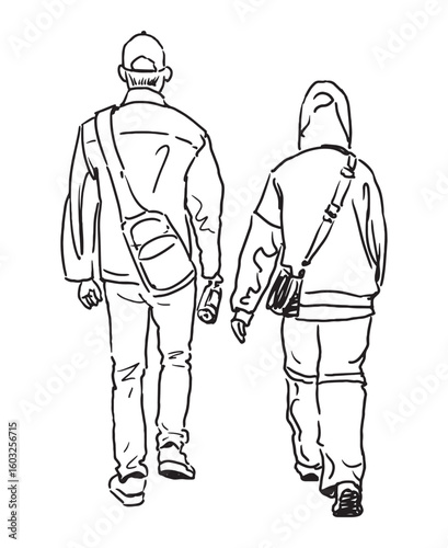 Two young urban dwellers, pedestrians couple walking outdoors, back view, sketch, realistic outline hand drawn vector illustration