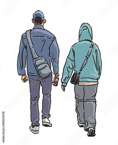 Two young urban dwellers, pedestrians couple walking outdoors, back view, realistic vector illustration