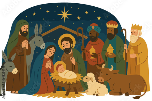Holy family, wise kings, ox, and donkey in a nativity manger scene at night