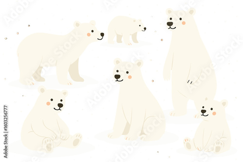 Winter scene at night, illustration of a winter wonderland, polar bear gazing up at Santa Claus and Reindeers while enjoying hot chocolate drinks during a Christmas night celebration