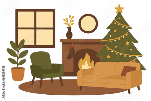 Christmas night scene of an empty home interior featuring a fireplace, burning candles, a decorated fir tree with gifts and presents, and a cozy armchair with a Santa hat, depicted in a cartoon