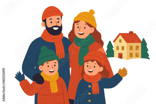 Adorable new year and Christmas vector illustrations depicting a loving happy family on a winter vacation, with mom, dad and baby strolling in nature, embracing and adorning a Christmas tree