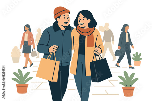 A diverse family of young people buying presents for Christmas and New Year's celebrations in a flat vector illustration