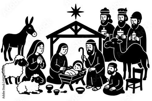 Vector Clip Art of Nativity Scene Silhouette featuring Holly Night Characters for Holidays Christmas Religion in Cut File Design