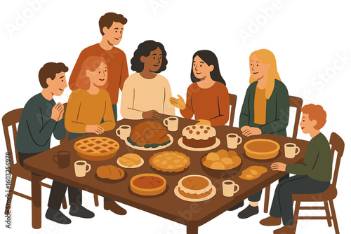 Traditional Thanksgiving food is depicted in a festive dinner scene, shown from a table top view in a vector illustration