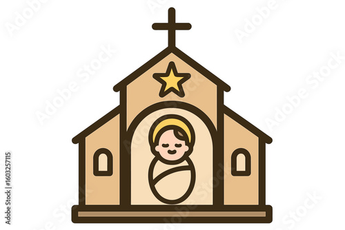 Christmas time, a watercolor depiction of the manger with baby Jesus and the star of Bethlehem, accompanied by the text: Light of the world