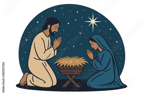 Silhouetted holy family in a stable forms a merry Christmas manger scene filled with happiness