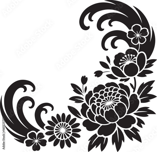Elegant black and white floral design, corner embellishment silhouette vector art on white background