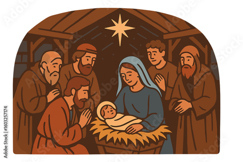 Banner sign with nightly Christmas scenery featuring Mary and Joseph in a manger with baby Jesus, reading Christmas the savior is born, in vector design