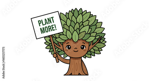 A cute tree mascot character holding a protest sign that says 'Plant More!' to advocate for environmental conservation and reforestation.
