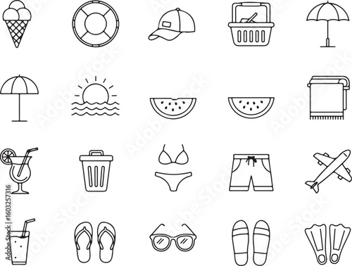 Summer Beach Vacation Icons, Travel Elements, Holiday Symbols, Fun Activities, Summer Essentials, Tropical Items, Black Line Illustrations, Beach Trip Vibes, Relaxation Pack