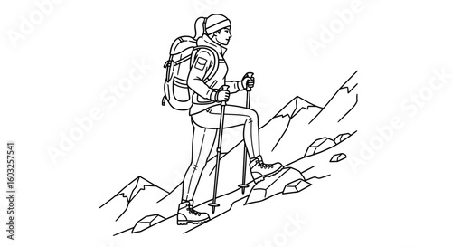 Woman Hiking Uphill with Backpack and Poles in the Mountains