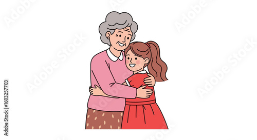 A heartwarming illustration of a loving grandmother and happy granddaughter sharing a tender hug, showcasing family bonds and intergenerational affection.