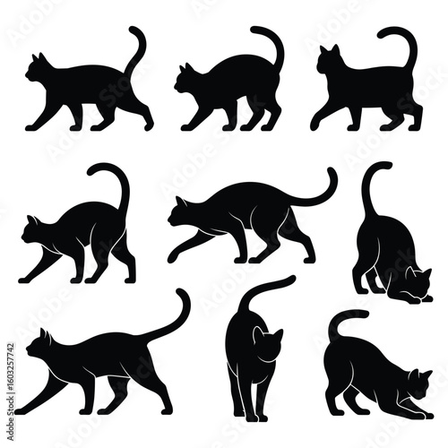 Collection of black cat silhouettes in various poses silhouette