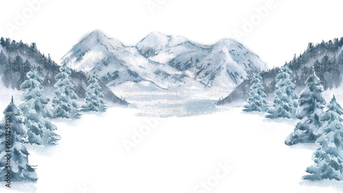 Alpine snow covered spruce and misty mountain peaks in delicate watercolor isolated on white. Winter monochrome landscape scene hand drawn banner with copy space for sports posters, packaging.