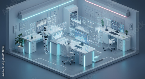 Futuristic Robot Office Scene isolated on a transparent background