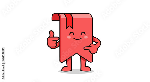 A confident red bookmark mascot character giving a thumbs up and pointing to itself. A cute and positive cartoon illustration for approval.