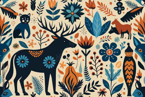 Decorative folk art seamless pattern featuring stylized animals and floral elements in earthy tones suitable for various design applications