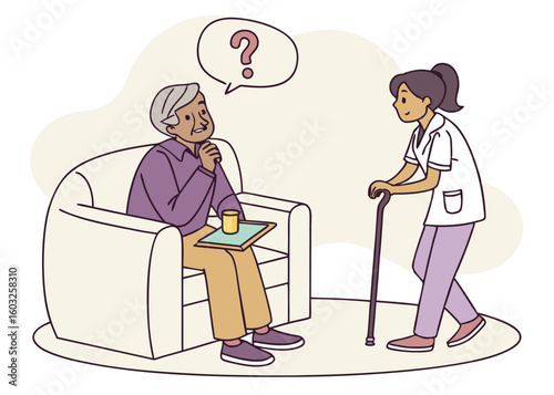 Elderly man in a chair with a question mark symbol and caregiver with walking stick on transparent background