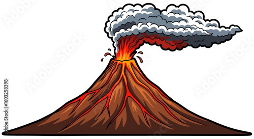 Dynamic cartoon illustration of a powerful volcanic eruption with molten lava and a billowing ash cloud.
