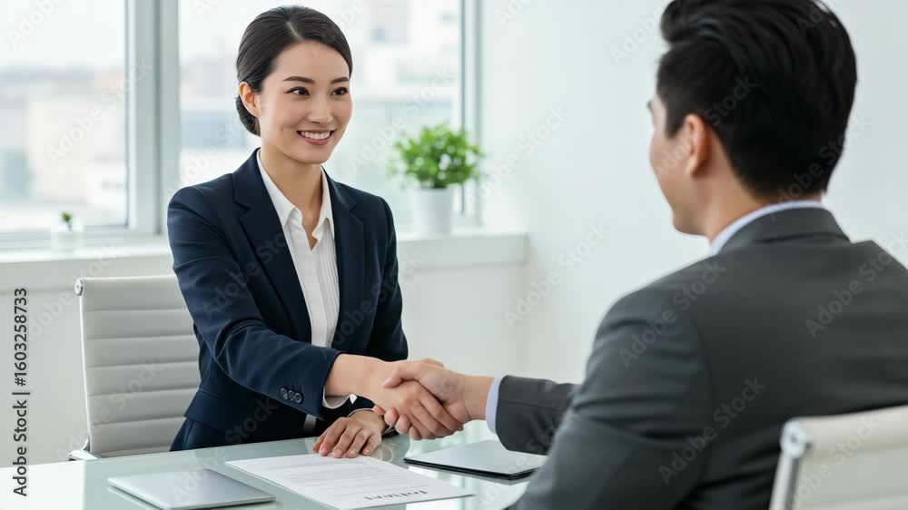 Smiling Businesswoman and Businessman Shake Hands During Meeting Smiling Businesswoman and Businessman Shake Hands During Meeting
