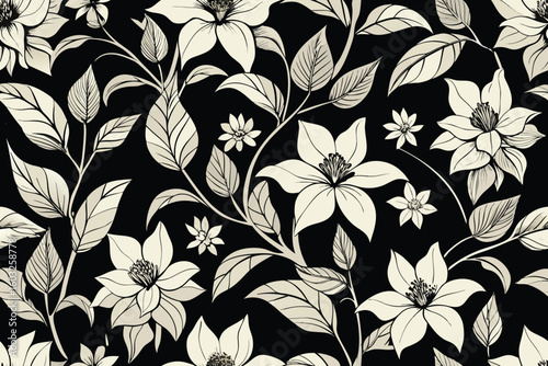 Elegant floral pattern in creamy tones on a transparent background featuring repeating flowers and leaves for versatile design applications