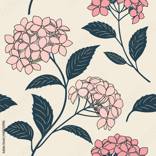 Elegant hydrangea floral pattern seamless design featuring pink flowers and dark navy leaves on a soft creamy background