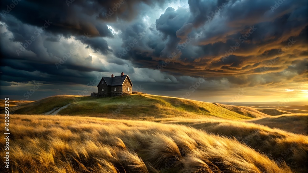 Fototapeta premium Dramatic landscape with a house on a hill under a stormy sky and golden fields creating a sense of isolation and serene beauty