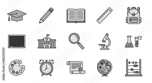 Education and learning concept illustrated with a collection of black and white school supply and academic subject icons.