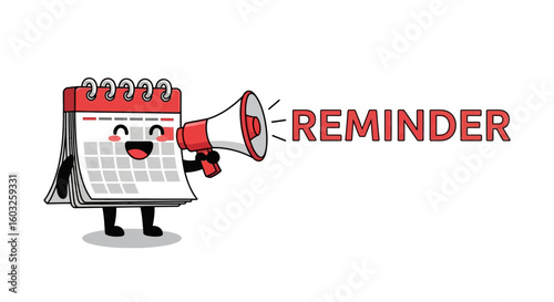 Happy calendar mascot making an important announcement with a megaphone. Vector illustration for schedule and deadline reminder.