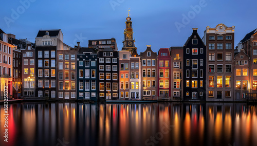 Evening View Of Dutch Canal Houses With Reflections In Water And Glowing Windows In Amsterdam