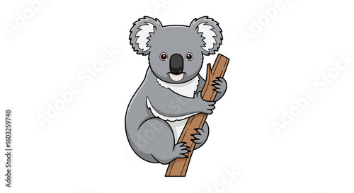Cute cartoon koala illustration clinging to a tree branch, isolated on a white background.